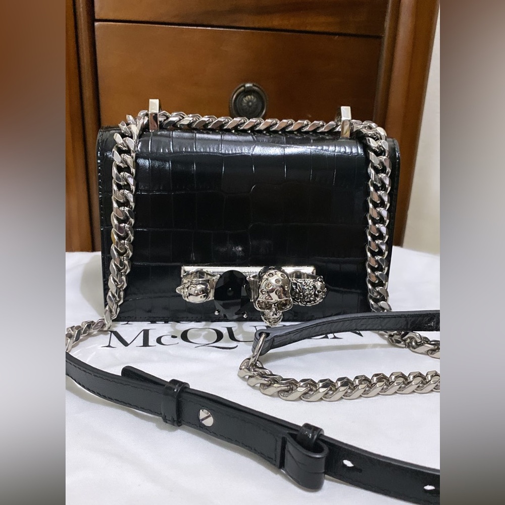 Mini Jeweled Croc Embossed Leather Crossbody Bag